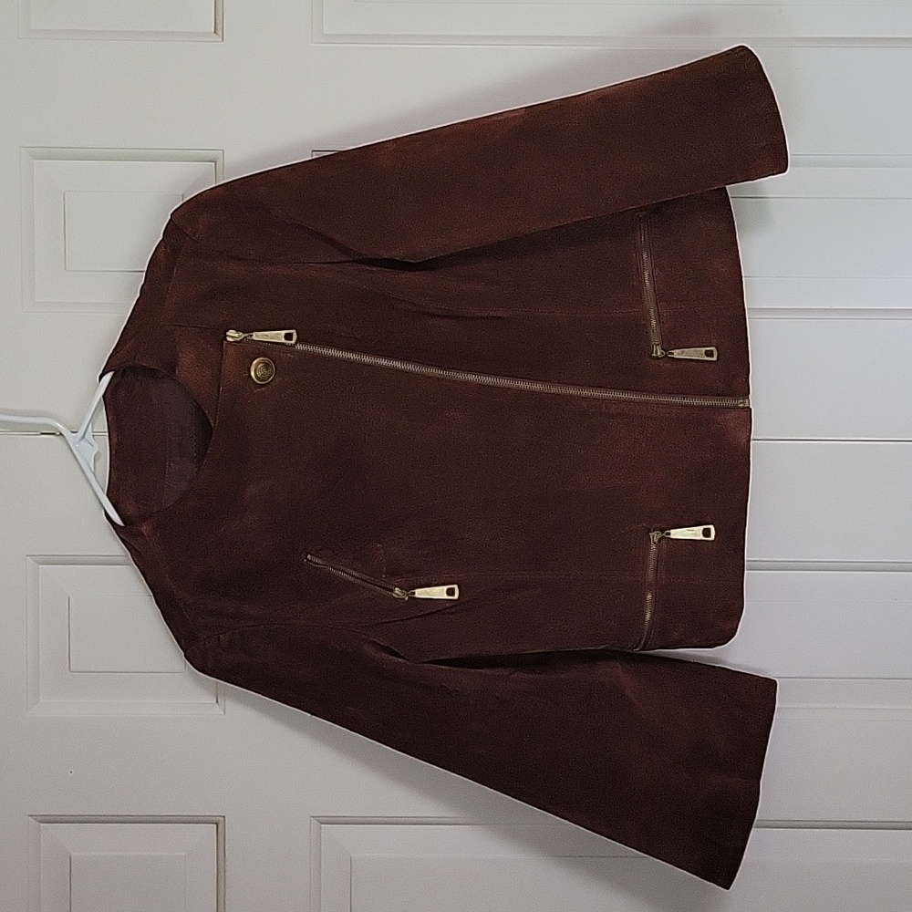 A.M.I. womens chocolate brown leather flare sleeve moto jacket sz S